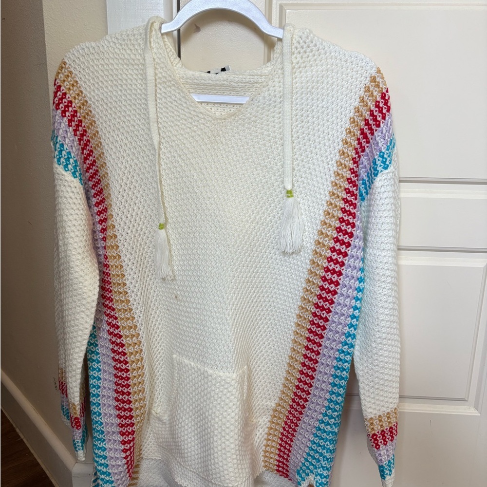 Stellah V-Neck Sweater with Red, Blue, and Cream Stripes